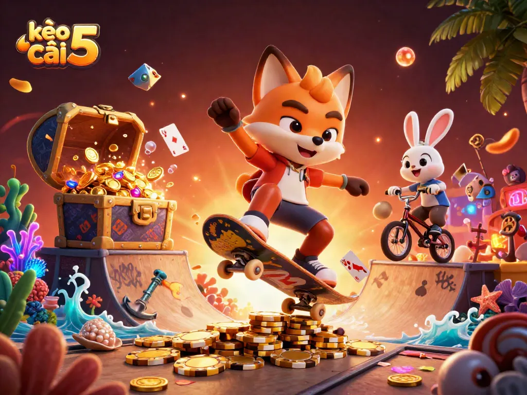 Experience kèo nhà cái 5 with vibrant, dynamic 3D illustration of a skateboarder fox and BMX rabbit amidst casino symbols.