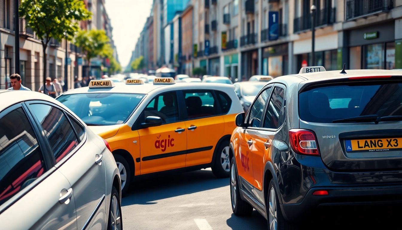 Minicabs parked in a vibrant urban setting showcasing reliable transport solutions.