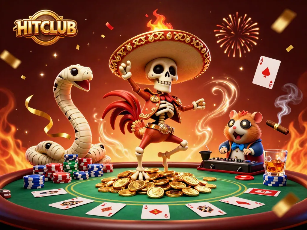Join the excitement at HITCLUB with a vibrant celebration of winning poker hands and festive characters!