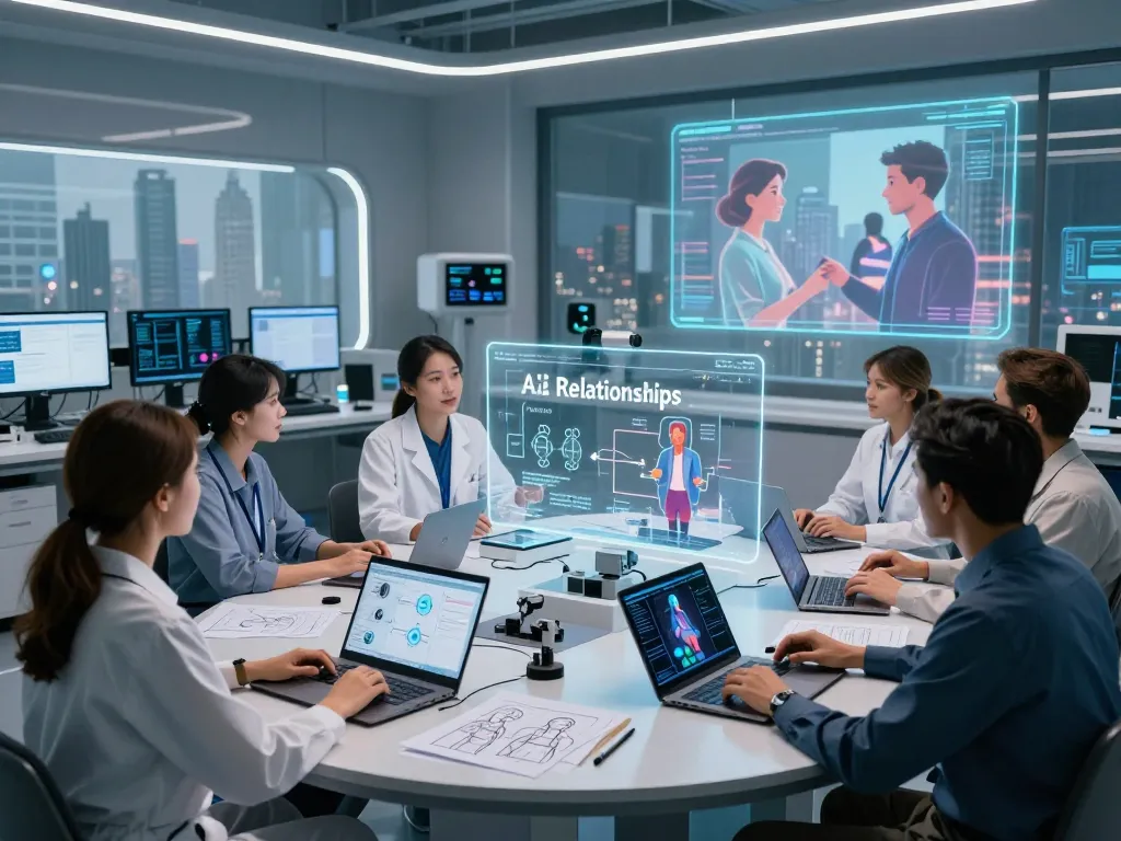 Dynamic research team exploring sex AI technology innovations in a futuristic lab.