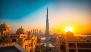 Experience the breathtaking skyline of Dubai at sunset, showcasing iconic architecture while traveling to Dubai.