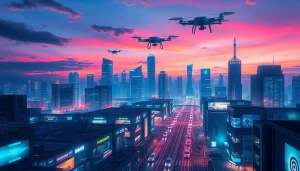 Explore how New Technology shapes a vibrant, futuristic city filled with innovation.