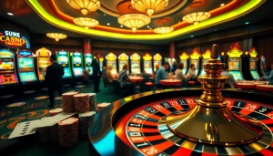Experience casino utan svensk licens Zimpler with vibrant slot machines and engaged players at a lively gaming table.