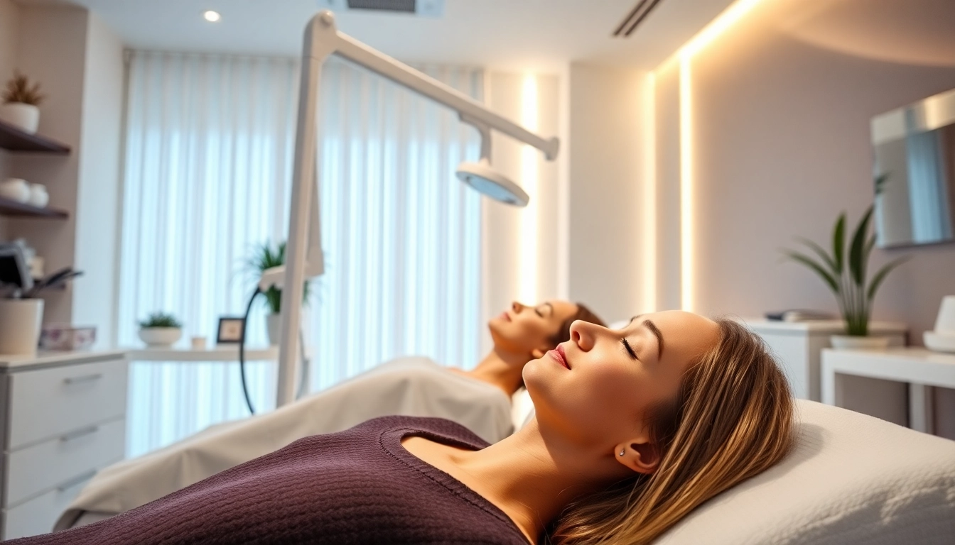 Epilare definitiva Sibiu in a modern beauty clinic with happy clients enjoying their treatment sessions.