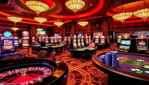 Exciting casino scene with roulette, poker tables, and KJC AC 1 branding.