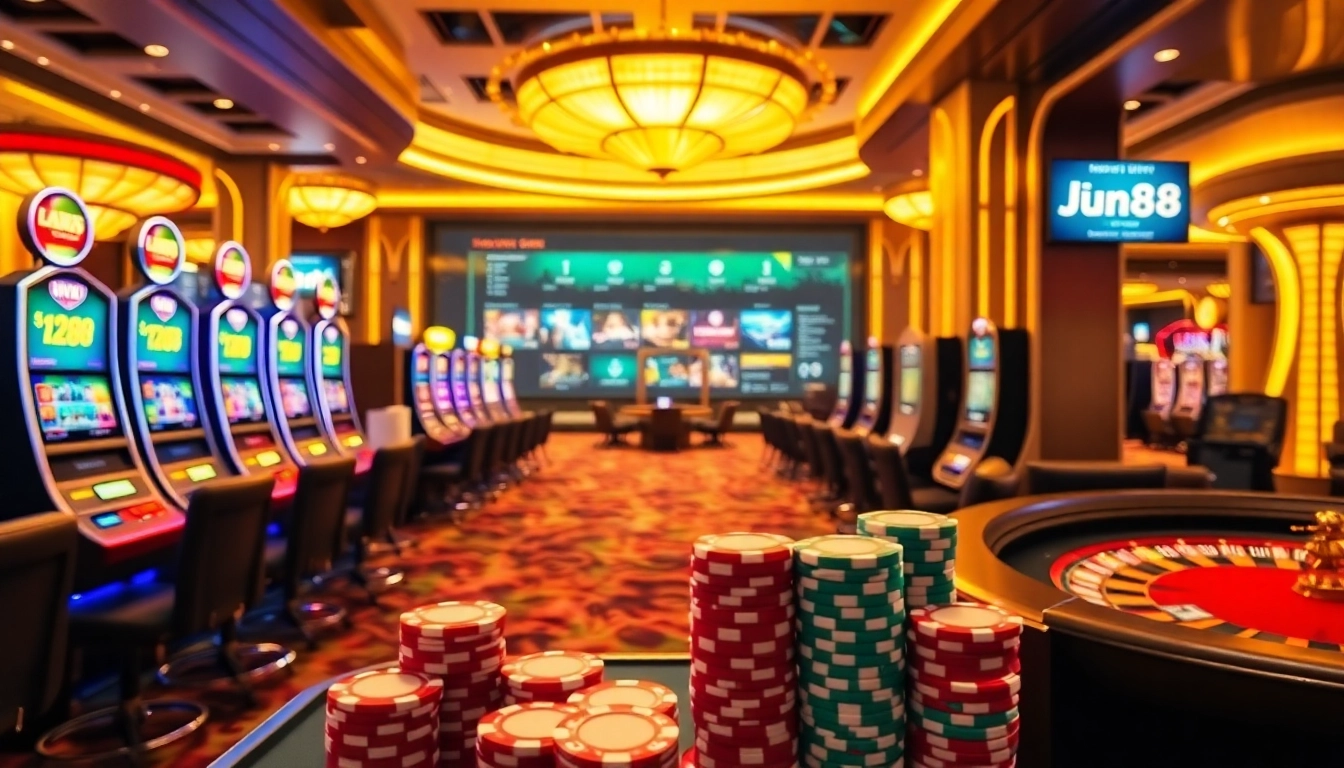 Engaging Jun88 casino scene showcasing vibrant tables and excitement.