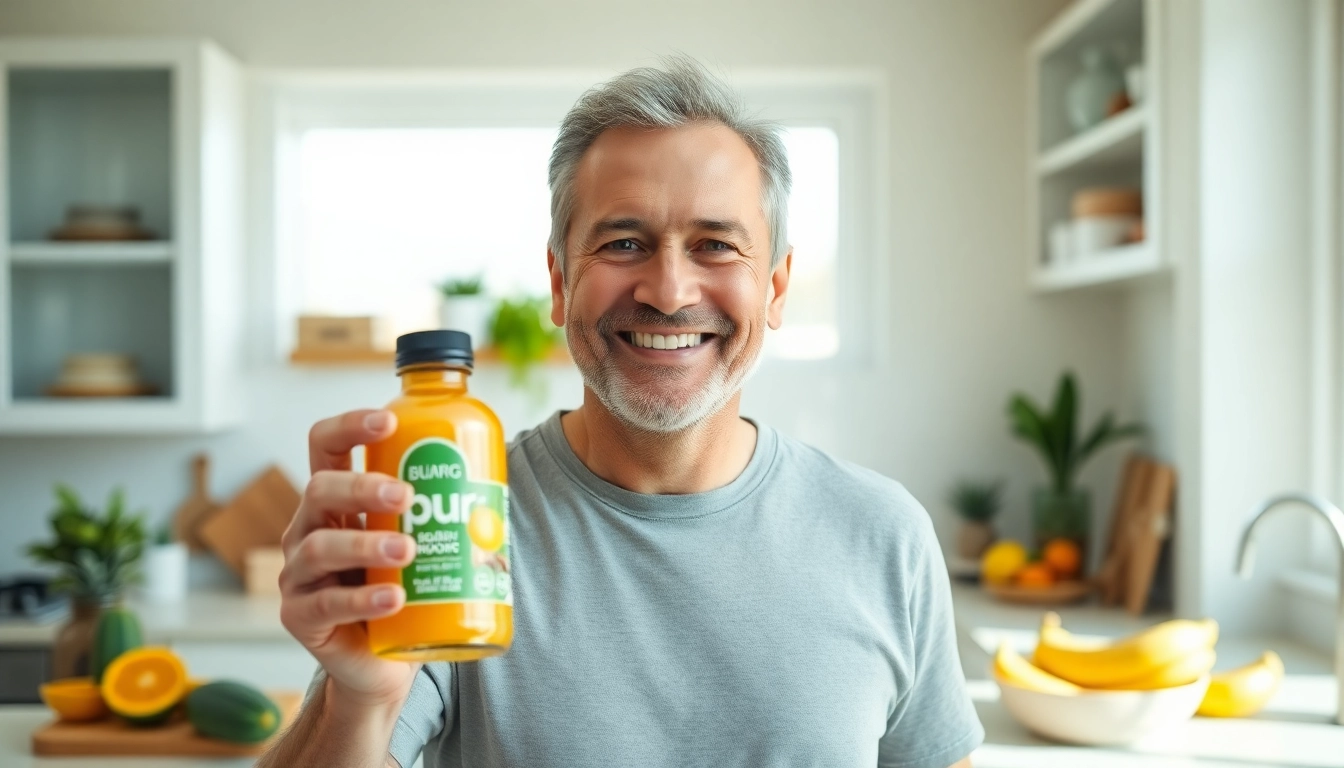 Pura Boost supplement bottle in the hands of a confident man in a bright kitchen, symbolizing vitality and health.