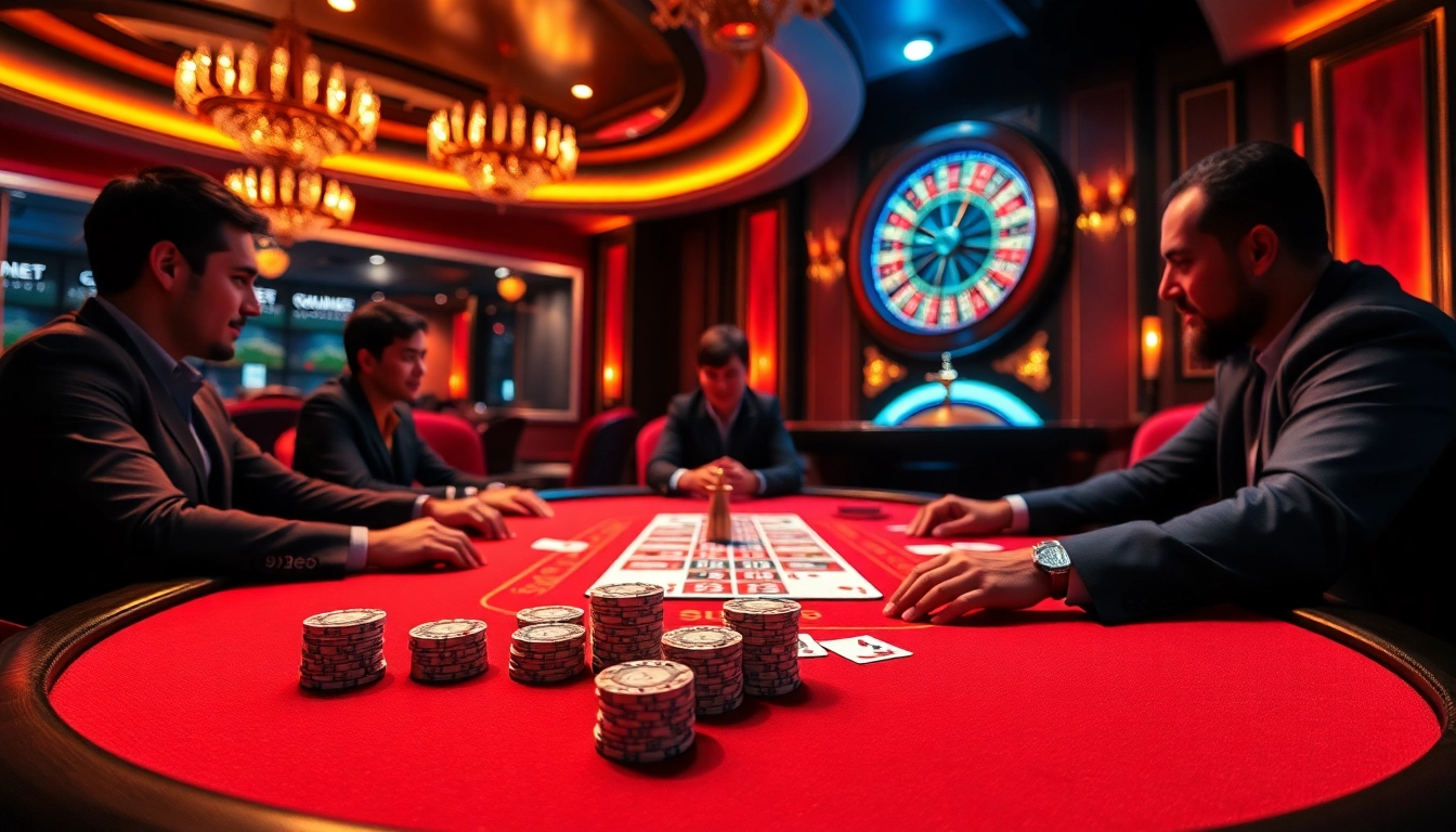 The thrilling poker table at 9bet showcases elegant players in action, surrounded by vibrant chips and cards.