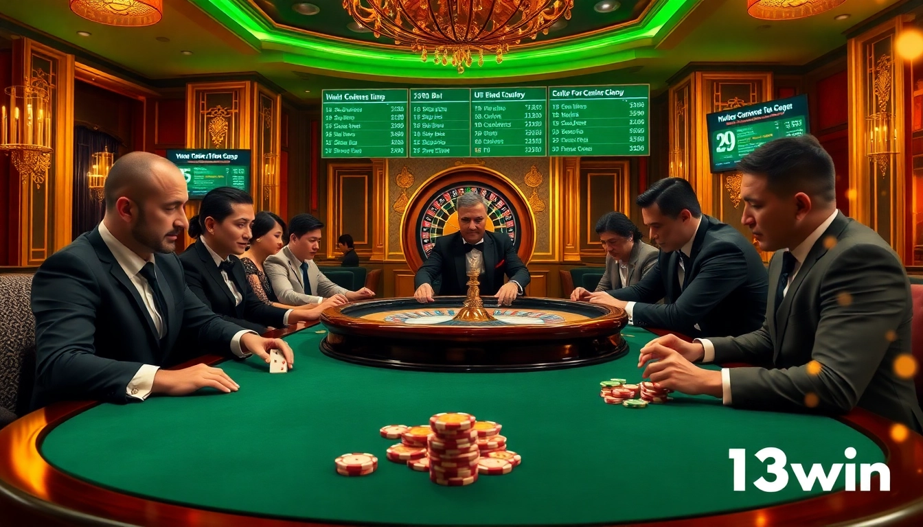 Players engaging in high-stakes poker at an elegant casino featuring 13win branding subtly displayed.
