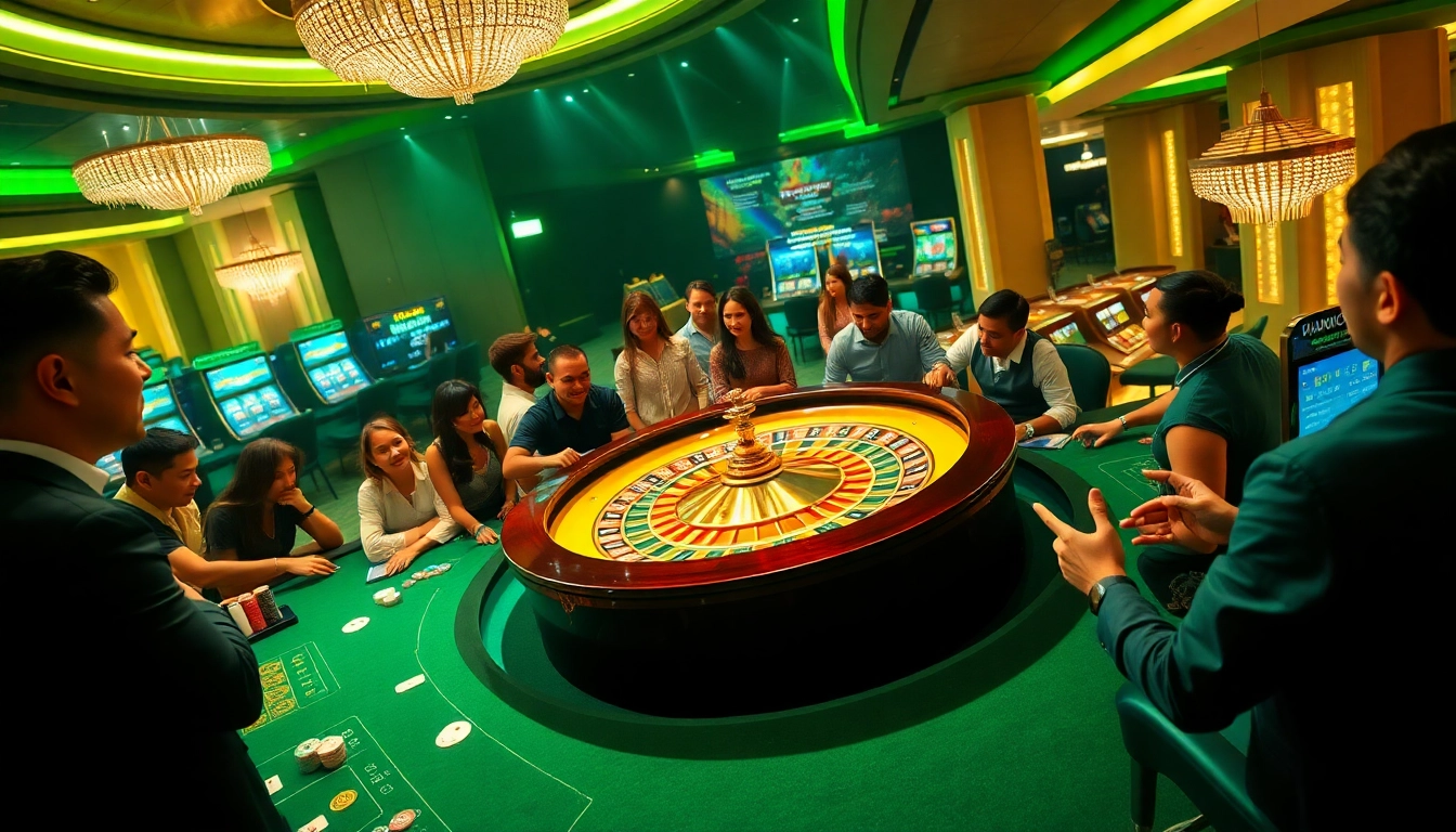 Exciting casino scene showcasing F168 com with roulette wheels, poker tables, and vibrant players.