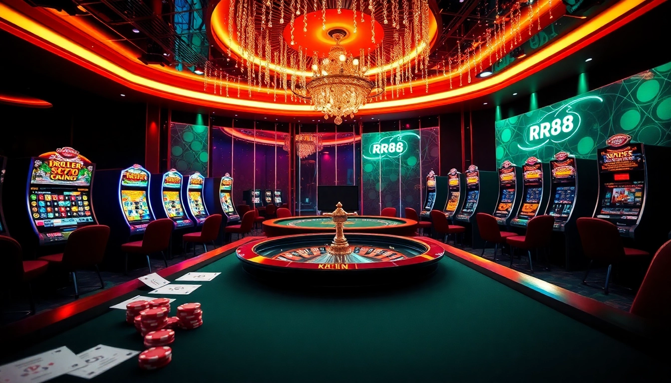 Players enjoy thrilling games at rr88's luxurious casino tables with vibrant slot machines.