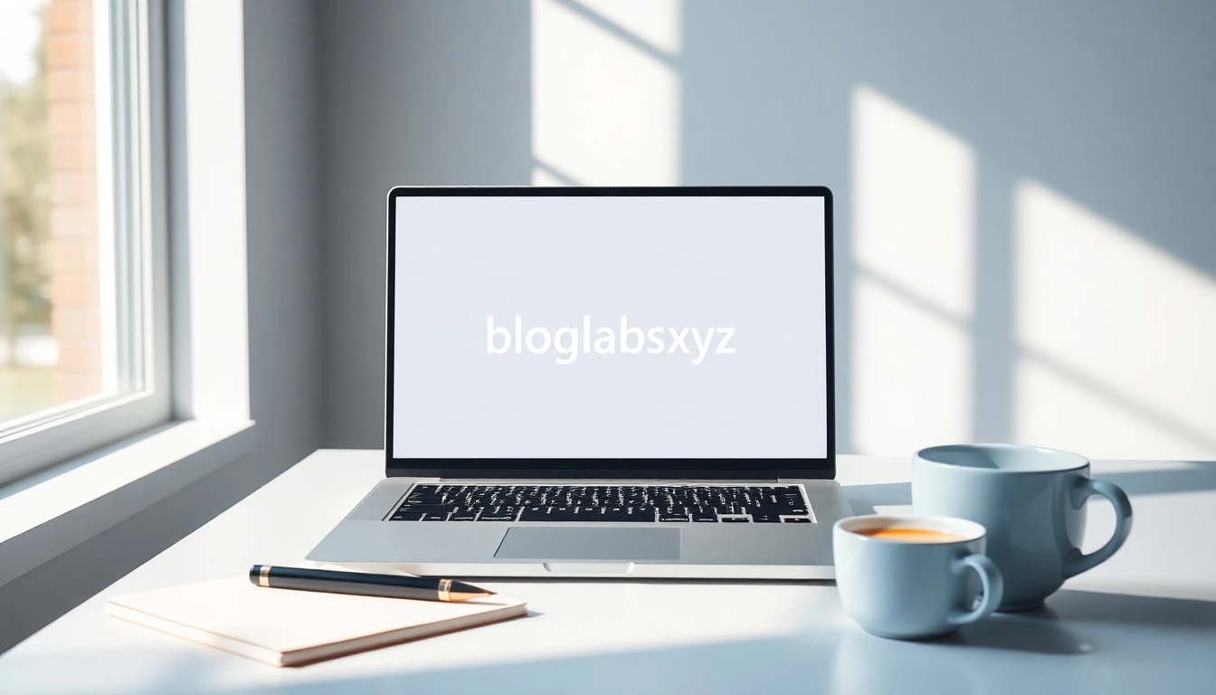 Engaging digital workspace featuring blogslabs.xyz logo on laptop, symbolizing modern blogging.