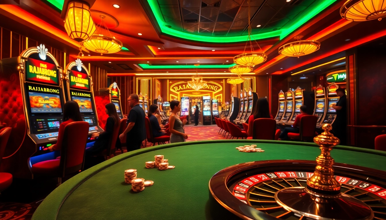 RAJABARONG players engaging with luxurious slot machines in an exciting casino setting.