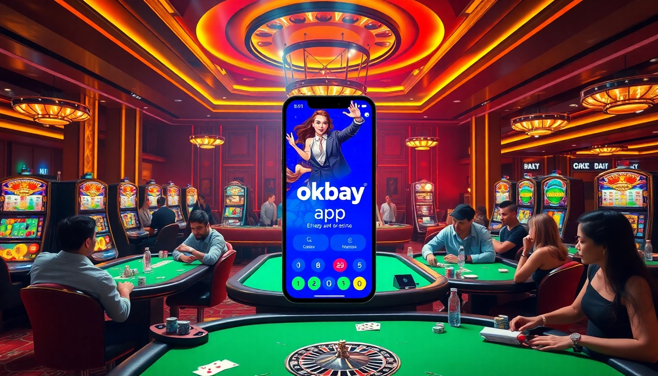 Engage with okbay tải app through an exciting casino scene featuring vibrant slot machines and table games.
