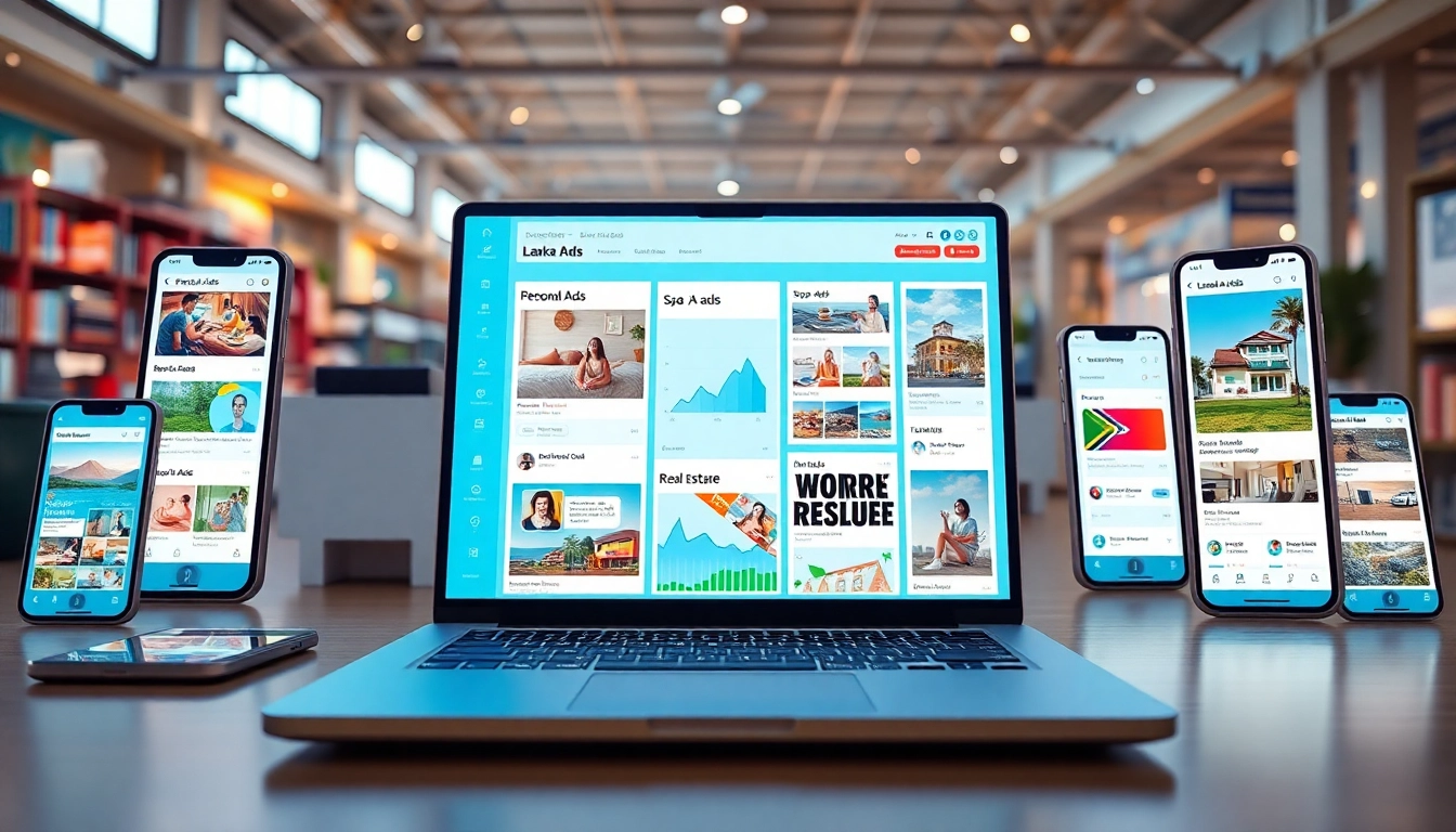 Lanka Ads digital marketplace showcasing personal and spa ads on modern devices.