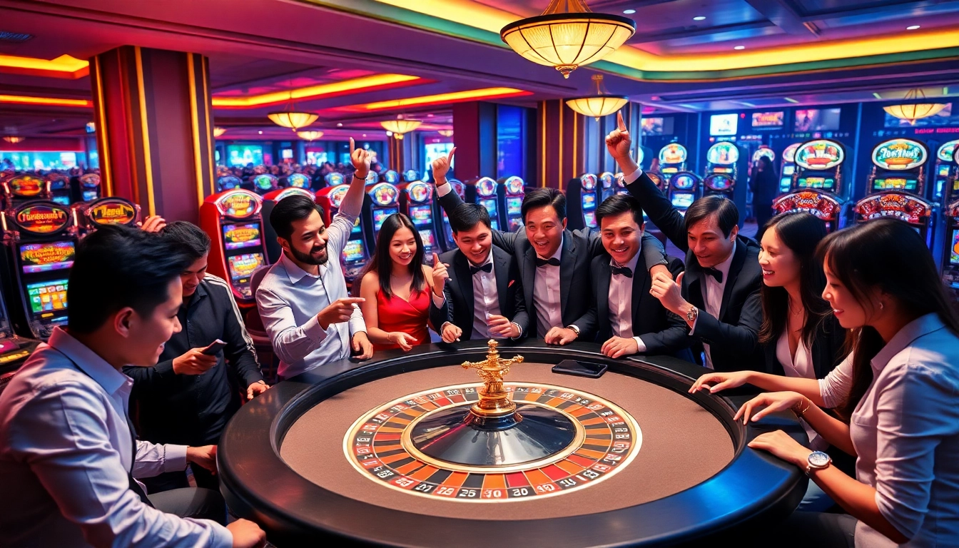 Engaging gamblers at a Superbet casino table celebrating wins amidst colorful slot machines.
