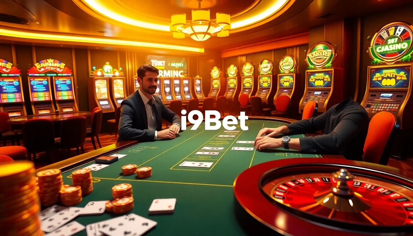 Engaging atmosphere at i9bet casino showcasing poker, roulette, and vibrant slot machines.