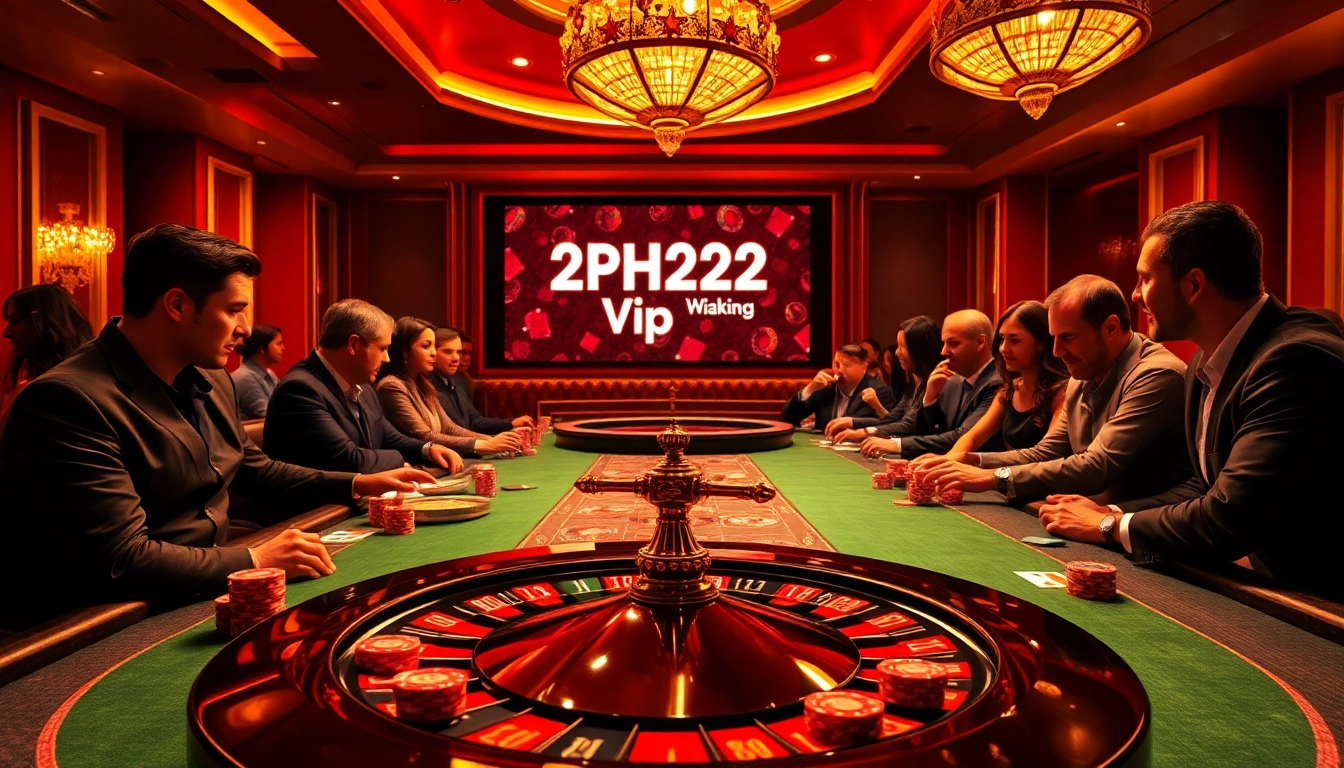 Experience thrilling wins at the 2PH222 Vip casino, showcasing poker chips and a vibrant casino layout.