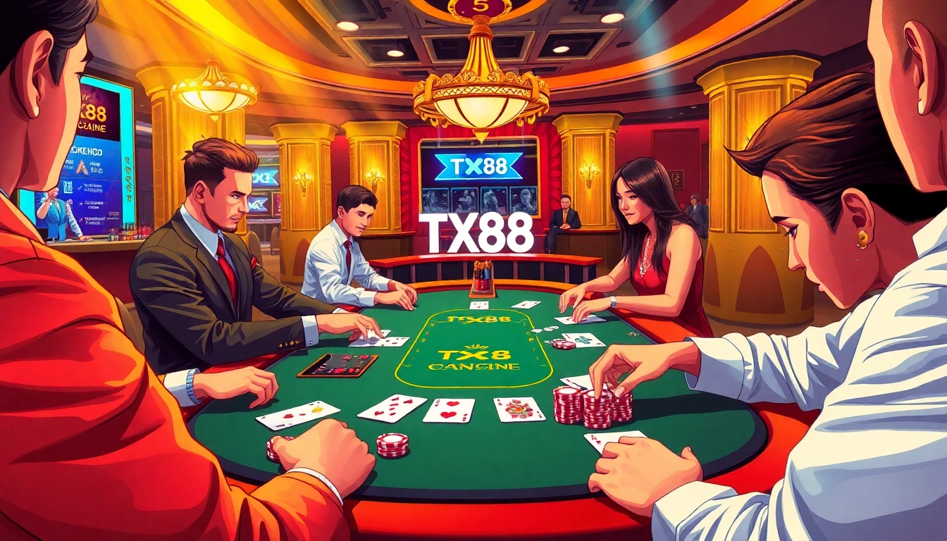 Players enjoying a game at the TX88 branded poker table, surrounded by vibrant casino elements.