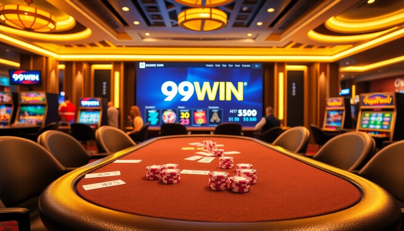 Exciting poker game at 99WIN with vibrant chips, cards, and online gambling interface.