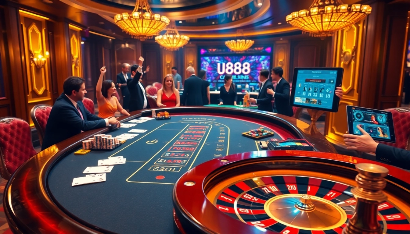 Players enjoying thrilling games at U888 com's luxurious gambling table with poker chips.