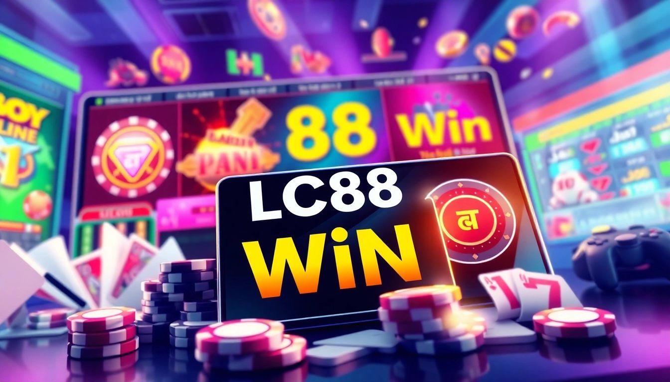 Exciting gaming atmosphere showcasing LC88 Win with neon lights, digital tablets, and casino elements.