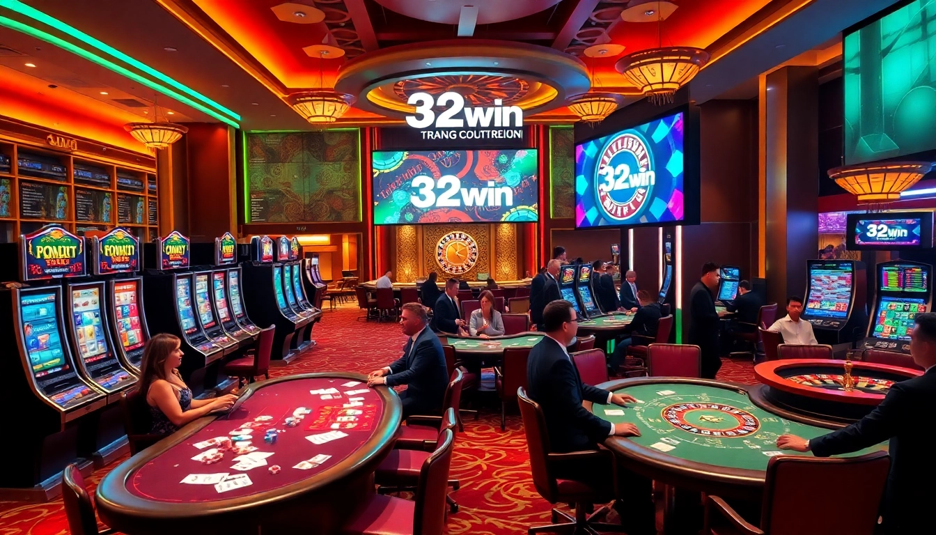 A lively casino environment showcasing the 32win trang chu experience with winning players at tables and colorful slot machines.