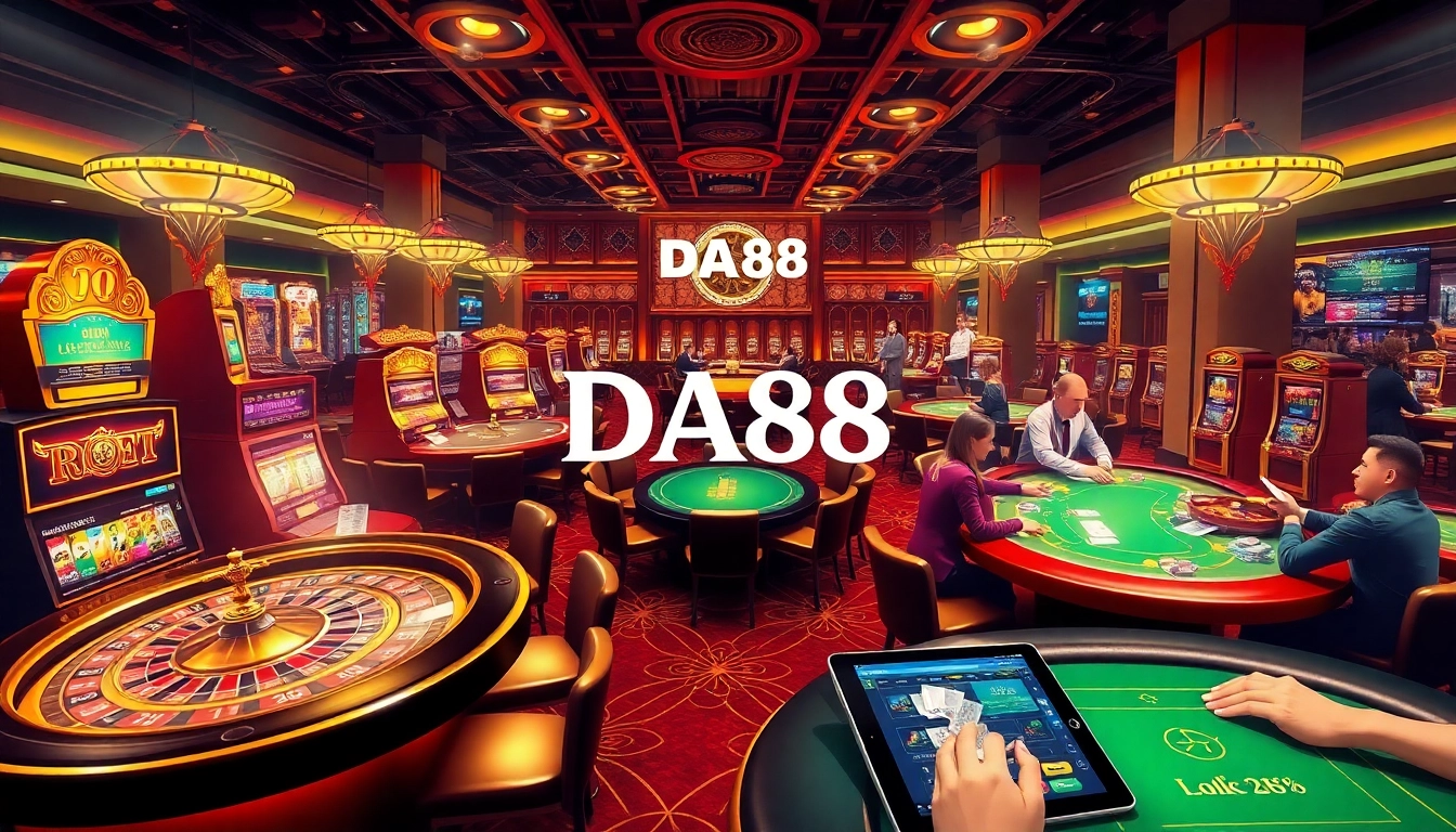 Experience the thrill of DA88’s vibrant casino atmosphere with players at roulette and poker tables.
