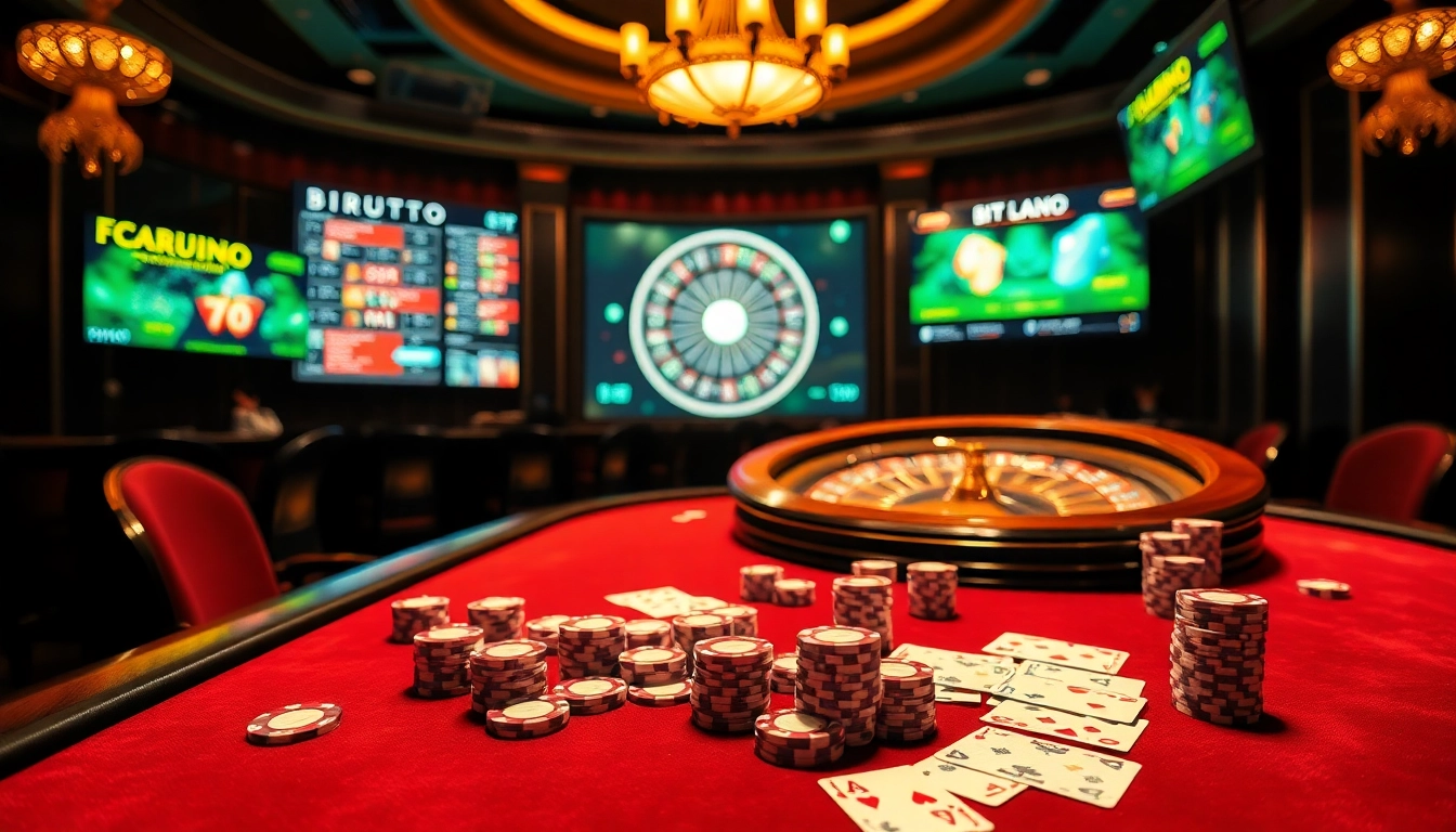 Experience the thrill of birutoto with vibrant casino lights and poker chips at an active table.