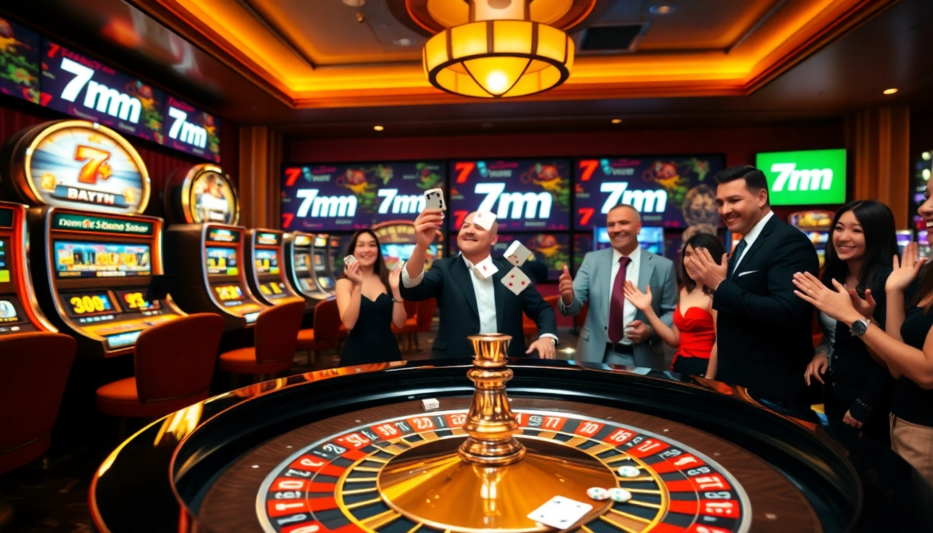Experience the thrill of 7m betting with a lively casino scene featuring excited players and vibrant roulette tables.