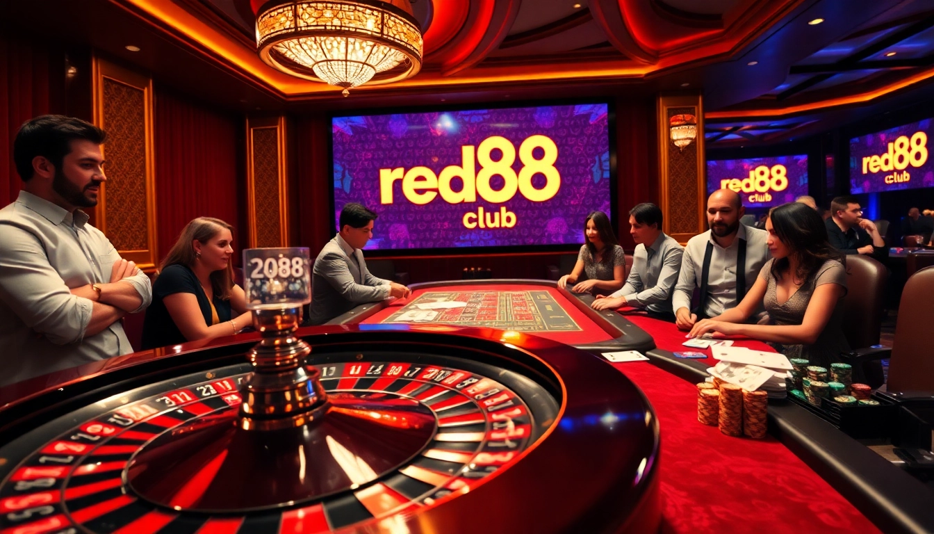 Players enjoying a thrilling gaming experience at red88 club with roulette, poker chips, and vibrant casino elements.