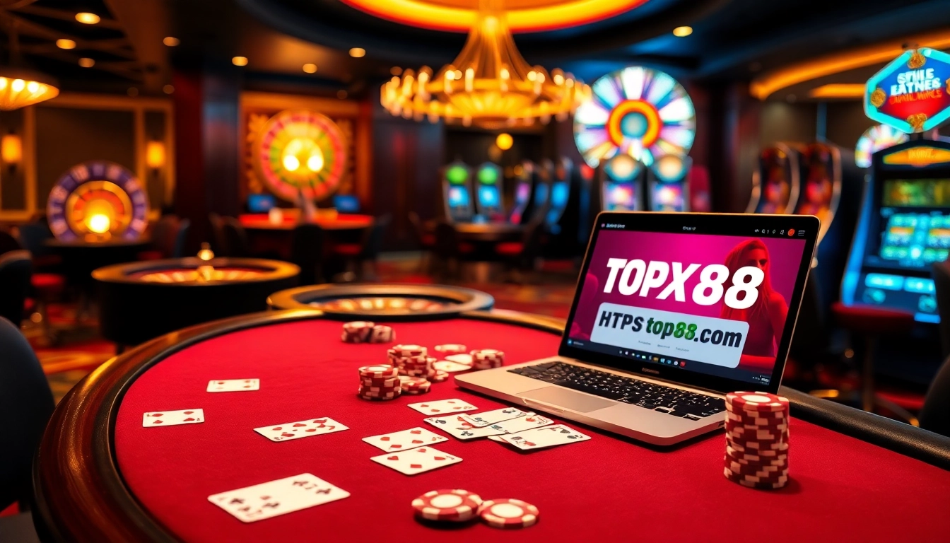 Experience the excitement of gambling at https://topxx88.com/ with a vibrant poker setup in a luxurious casino.