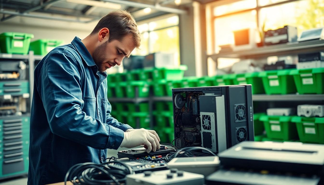 Understand the process of computer disposal reading with technicians recycling electronics safely.