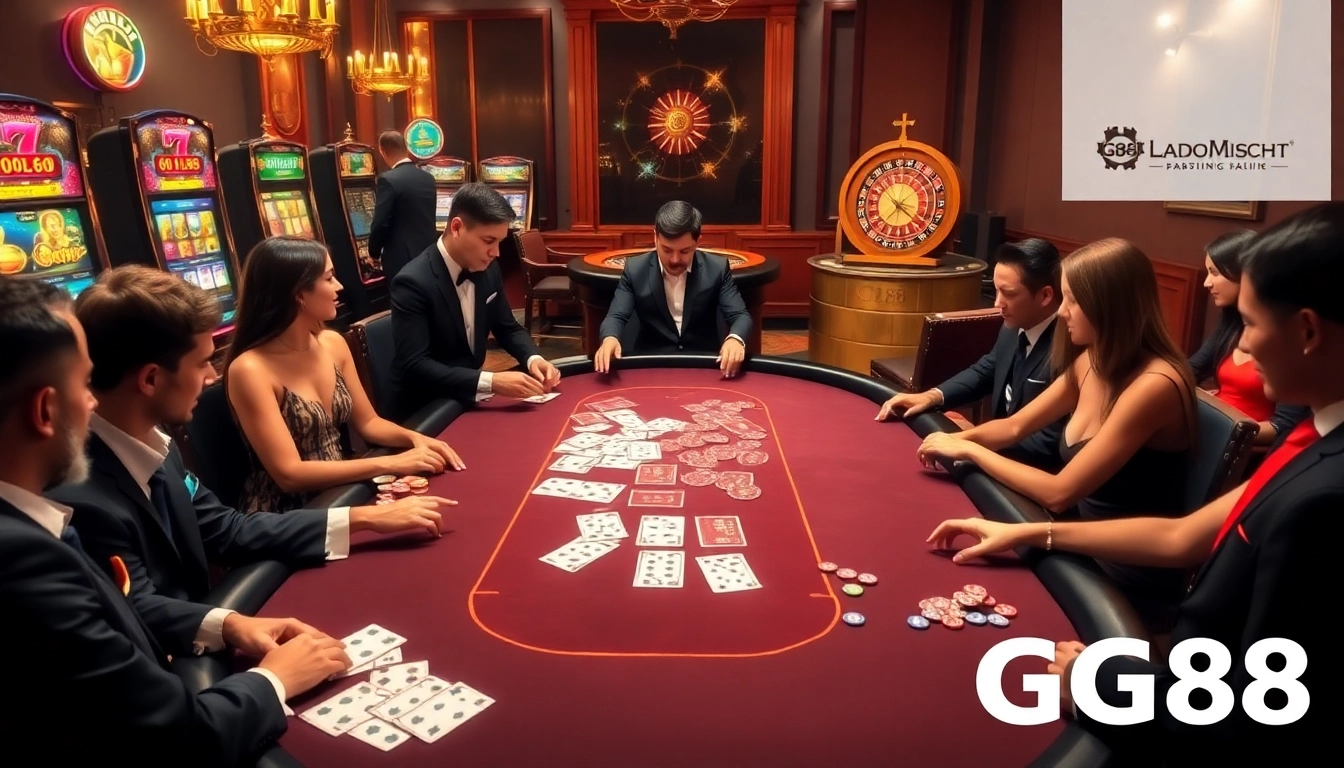 Experience the thrill of gameplay at GG88's luxurious online casino, featuring poker chips and vibrant slot machines.