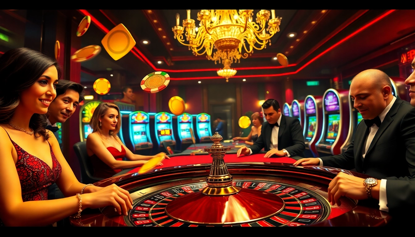 Players engaging with luck8-themed casino games at a luxurious roulette table.