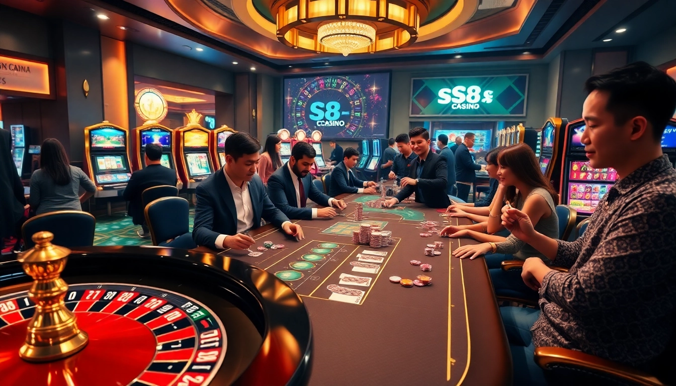 S8 casino players excitedly engaging at tables with luxurious roulette and poker setups.