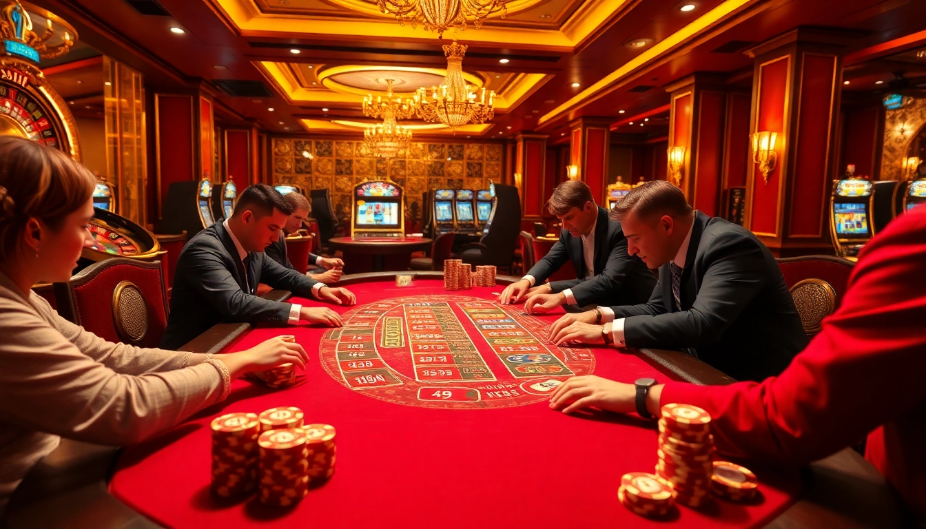 Exciting poker players at a vibrant casino table showcasing https://rr88.se.net/ betting strategies.