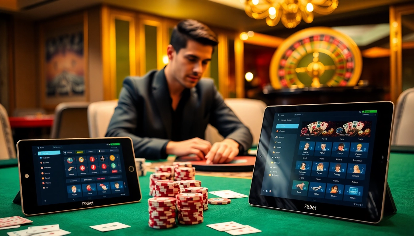 F8Bet poker table scene with chips and cards showcasing thrilling gambling action.