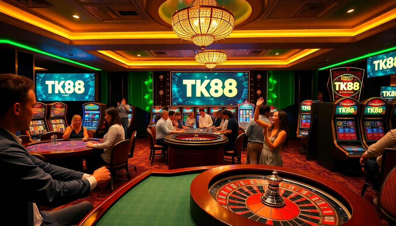 Players winning big at TK88's online casino, featuring vibrant slot machines and poker tables.