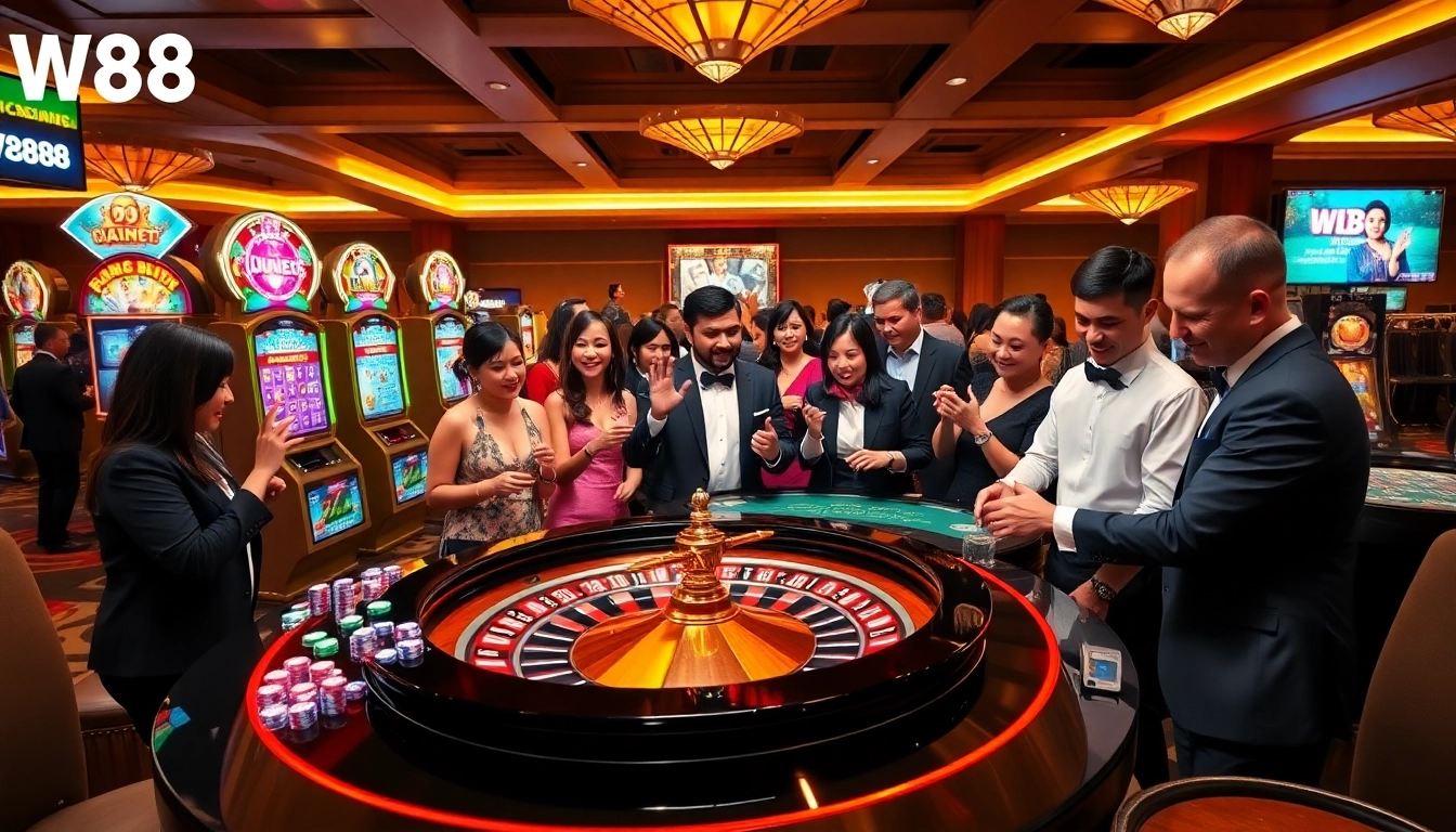 Engaged players enjoying their gaming experience at W88 casino with vibrant roulette and slot machines.