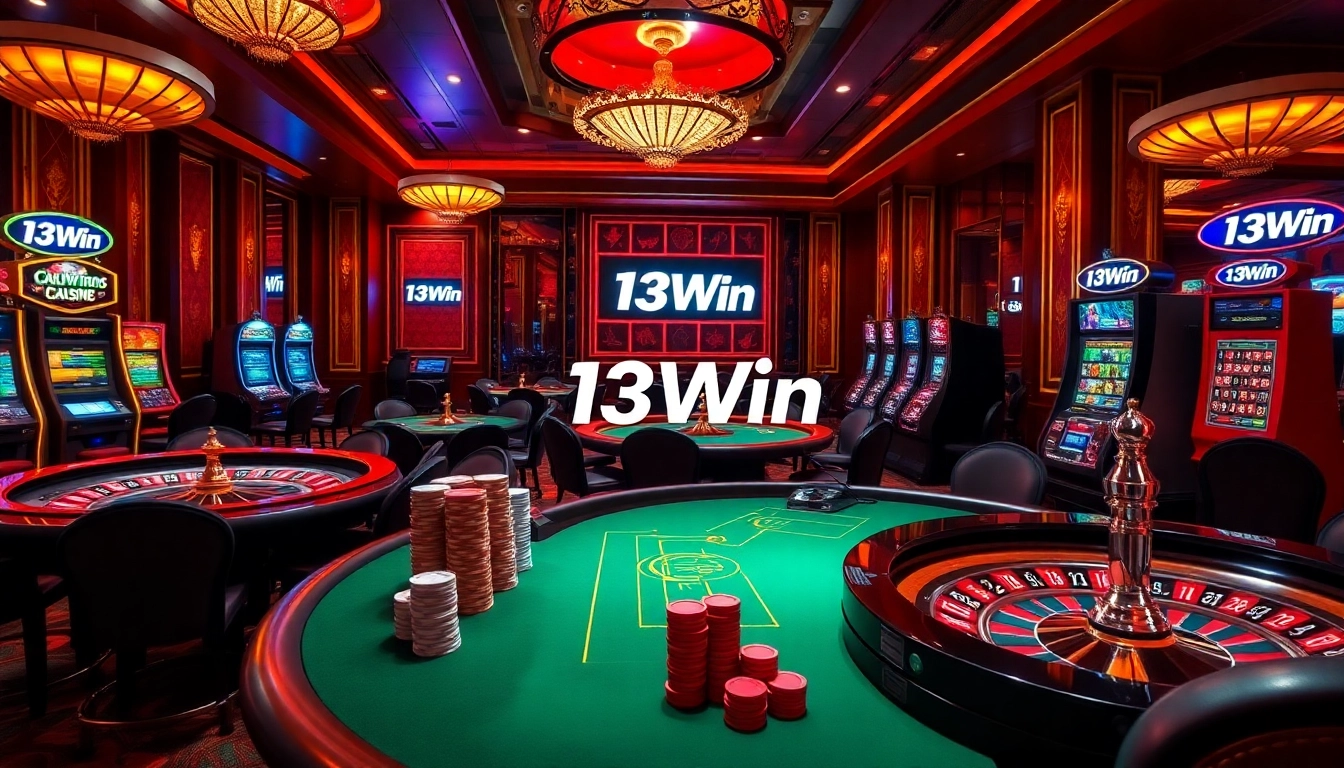Players enjoying poker and roulette at 13Win Casino, showcasing excitement and luxury.