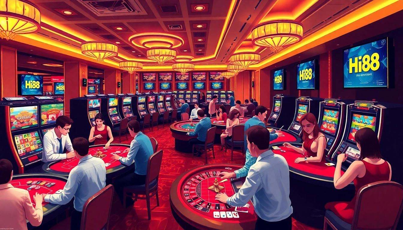 Excited players enjoying casino gaming at Hi88, featuring roulette and slot machines.