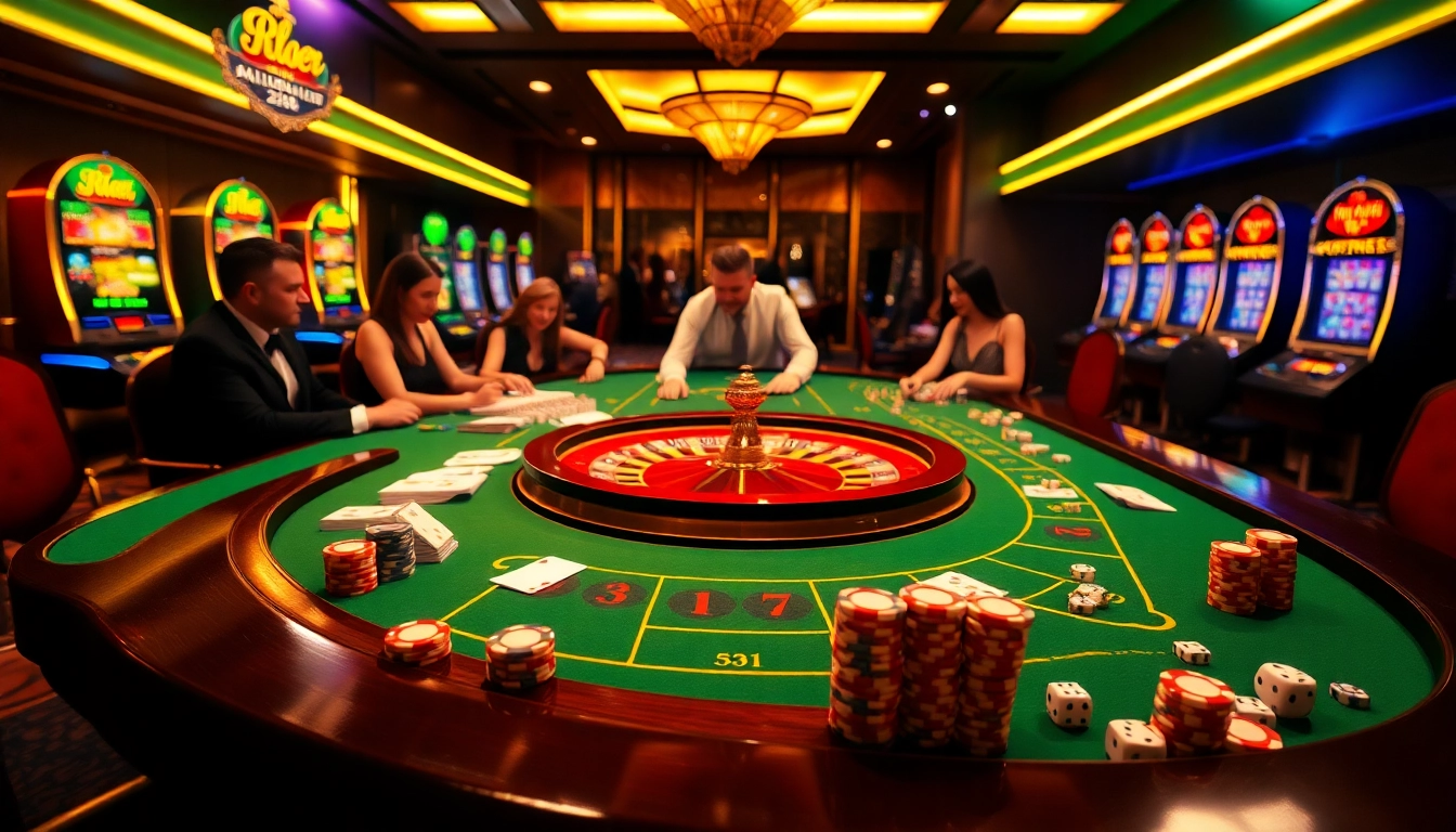 Action-packed gaming scene at https://rr88.lat/ showcasing luxurious casino tables, cards, and chips in play