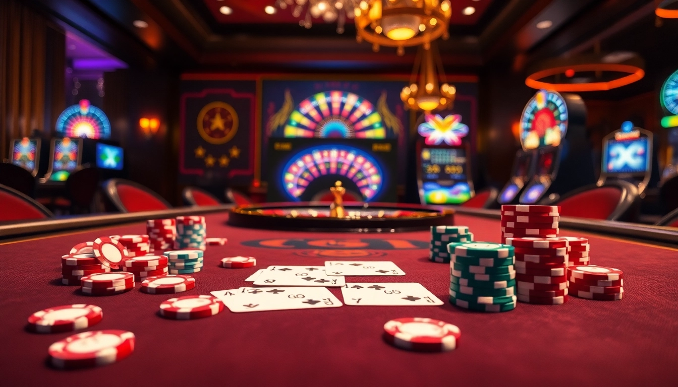 Experience thrilling gaming at GG 88 with vibrant casino tables, poker chips, and dynamic slot machines.