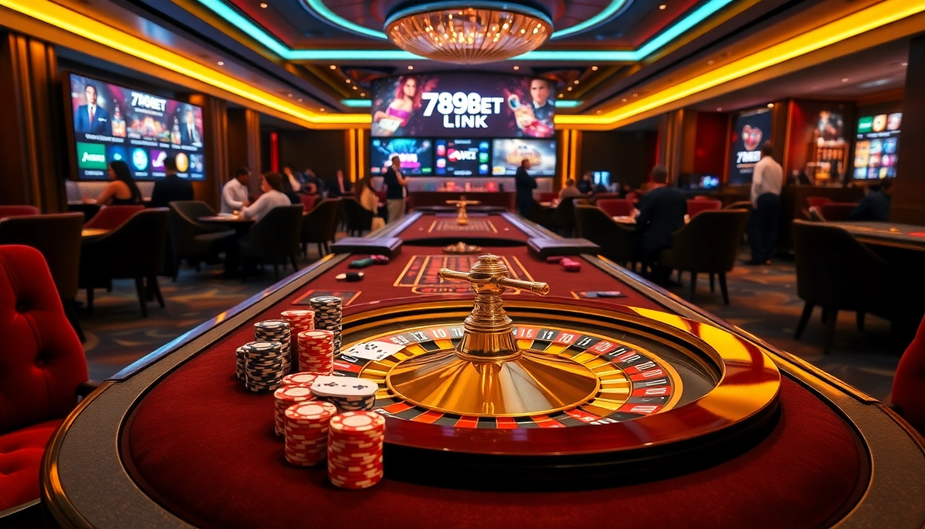 Engage with the thrilling atmosphere of 789BET LINK at an upscale casino table filled with vibrant gaming elements.