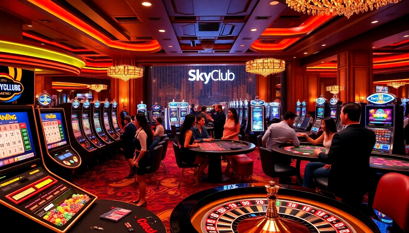Sky club casino tables with vibrant chips and dynamic lighting create an inviting gambling atmosphere.