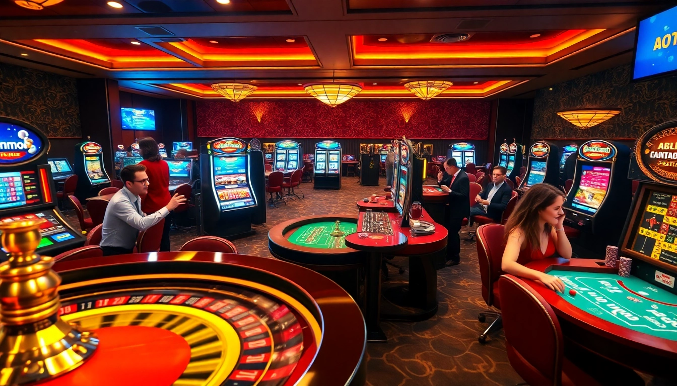 Exciting online gaming experience at MMOO featuring vibrant casino tables and spinning roulette.