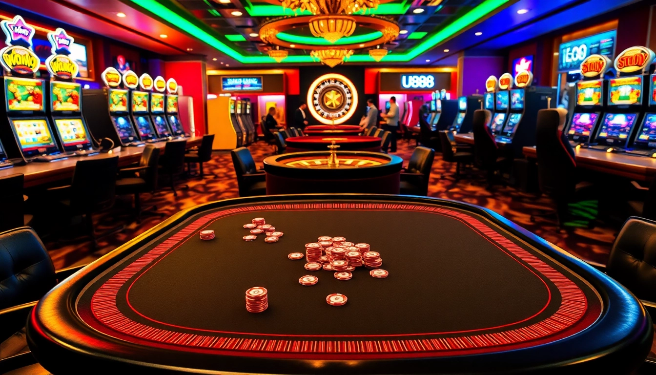 Engage with exciting gameplay at U888's luxurious casino table surrounded by vibrant slot machines.