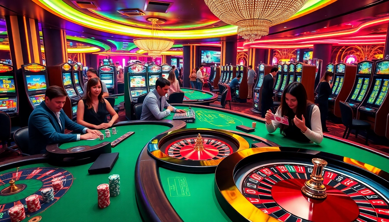 KJC pizza offers a vibrant casino experience with players engaging at gaming tables and colorful slot machines.