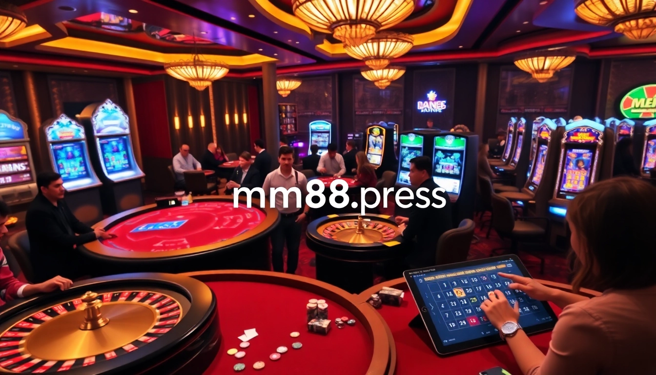 Exciting gaming scene at mm88.press with colorful tables and enthusiastic players.